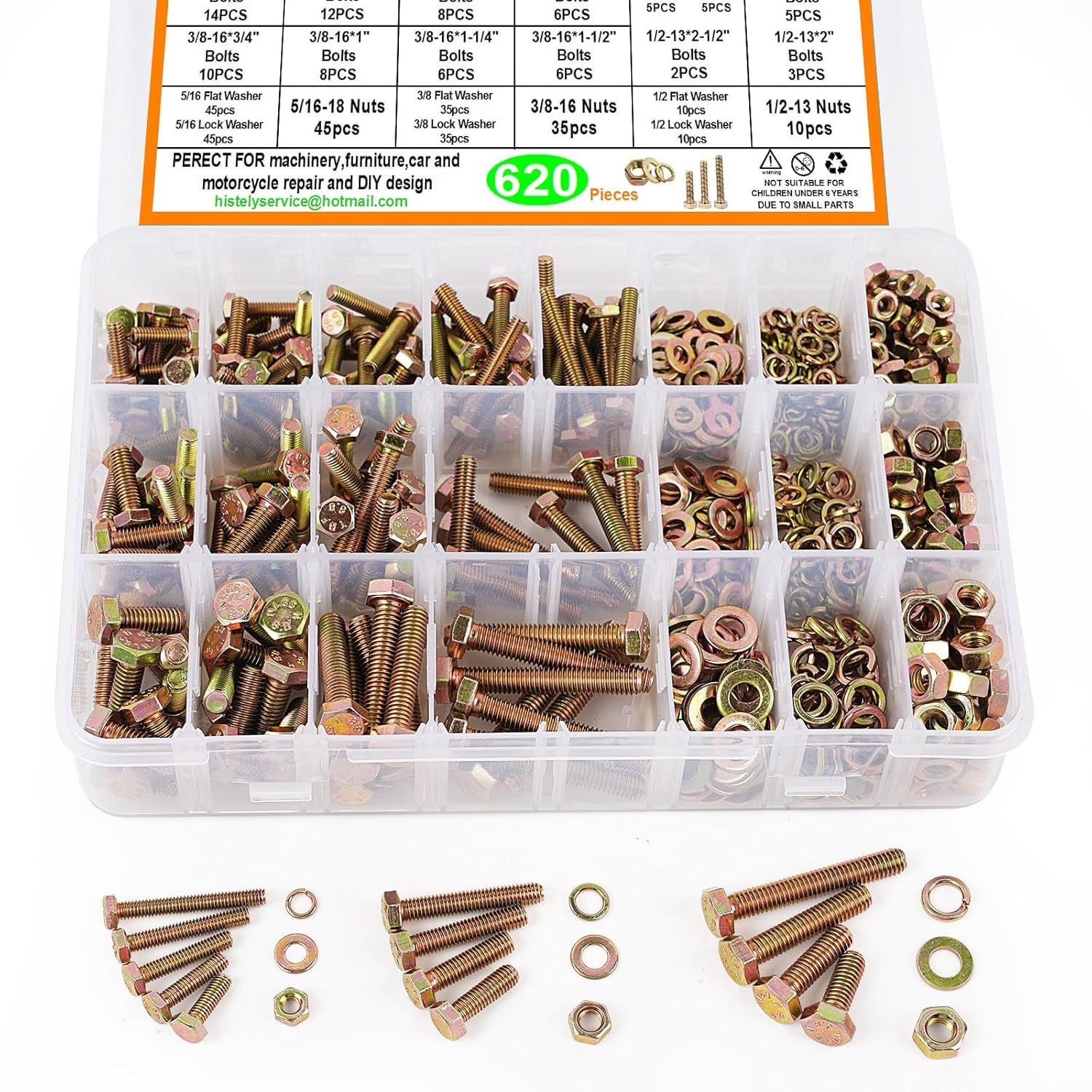 Photo 1 of 620PCS SAE Grade 8 Nuts and Bolts Assortment Kit, Histely 1/4-20, 5/16-18, 3/8-16 1/2-13 Heavy Duty Hex Screws Nuts Washers Set, Yellow Zinc Plated, 18 Sizes Hardware Included for DIY Projects