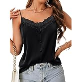 Rooscier Women's Satin V Neck Lace Camisole Button Adjustable Strap Sleeveless Cami Top