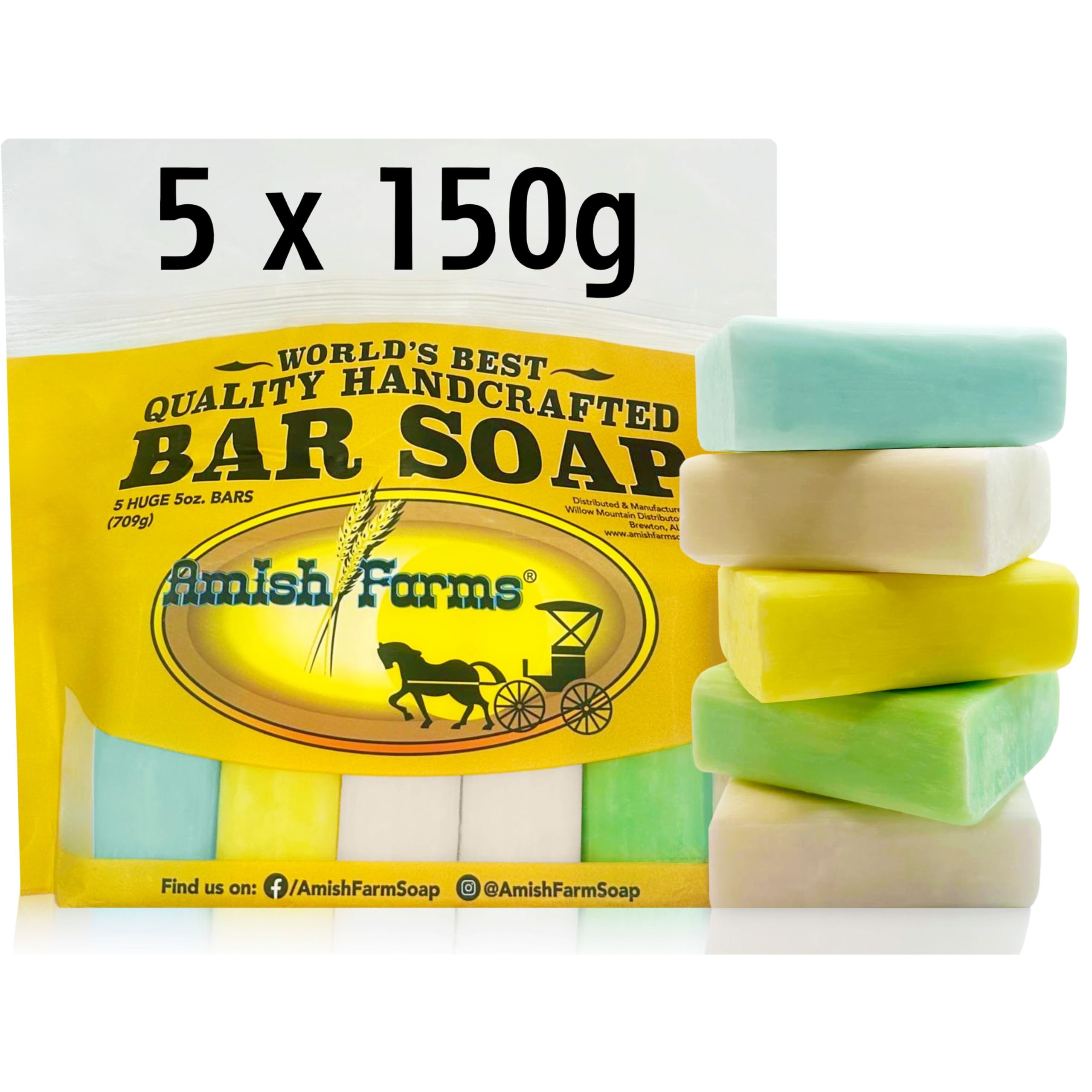 Amish Farms Bar Soap with All Natural Bentonite Clay - Handmade Vegan Soap Bars Multipack, Moisturising Body Soap Bar for Sensitive Skin, Women & Mens Face & Body Use - Clean Scent, 150g Each (5 Bars)