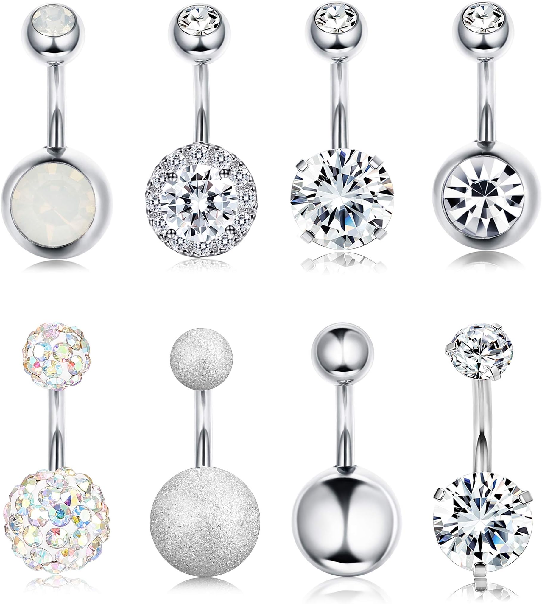 8 Pcs Short Belly Button Rings 14G Surgical Steel Disco Ball CZ Curved Barbell Navel Rings Banana Body Piercing Jewelry for Women