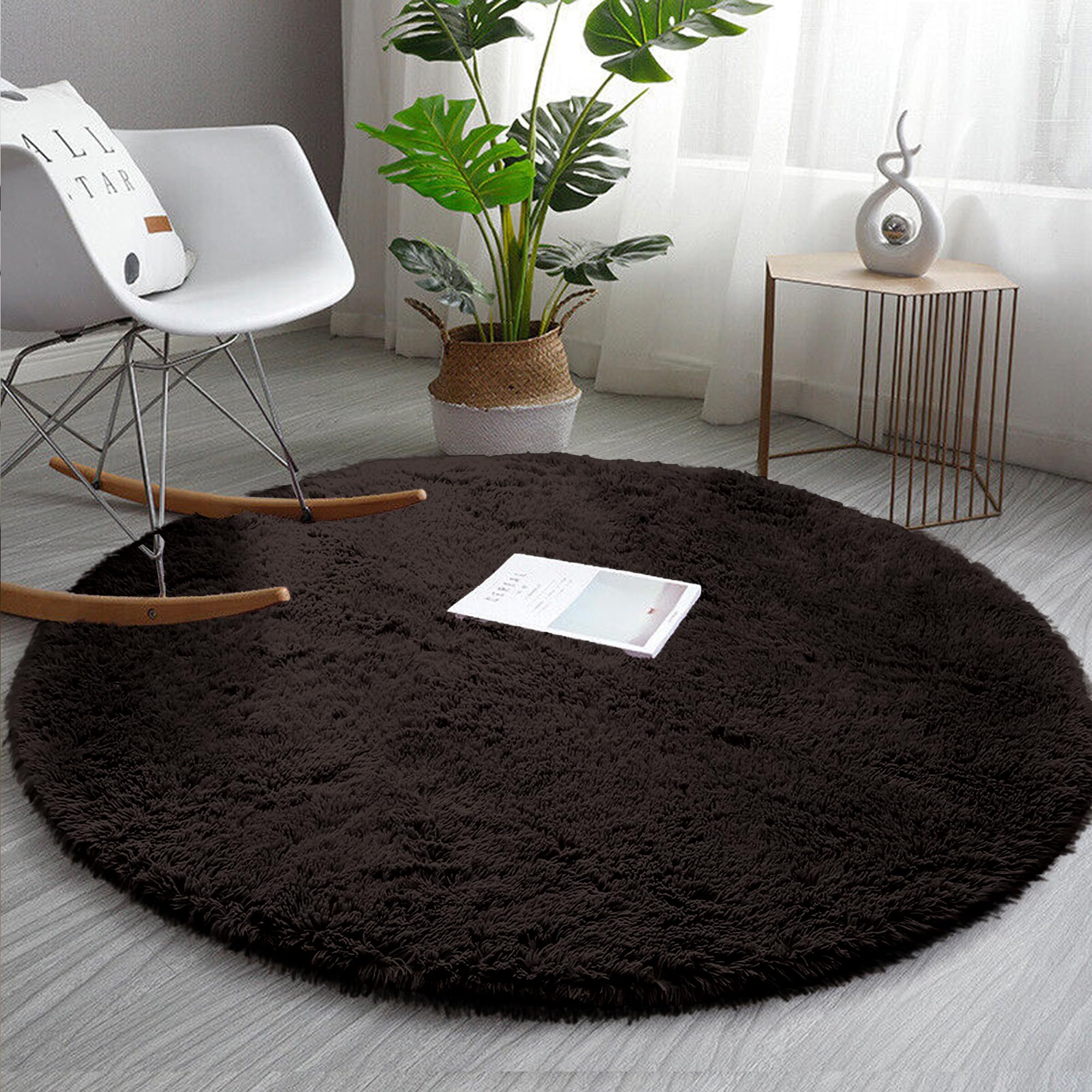 AMEHA Round Brown Shaggy Rug 120x120 cm Fluffy Soft Non Slip Circle Area Rugs for Bedroom, Nursery Kids Room Non-Shedding