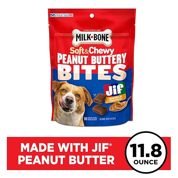 MILK-BONE PEANUT BUTTERY BITES SOFT DOG TREATS WITH JIF PEANUT BUTTER, 11.8 OUNCE BAG