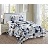Brilliant Sunshine Blue Plaids and Stripes Patchwork, 2-Piece Quilt Set with 1 Sham, Reversible Bedspread, Soft Lightweight Coverlet, All-Season, Twin, Blue