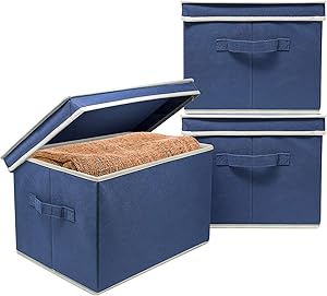 Sorbus Fabric Storage Bin Boxes with Lids | Collapsible & Decorative Organizer Basket, Great Container Cubes for Home, Closet, Bedroom, Dorm, Linen Cloth, Books, Cute Toys, & Yarns | Set of 3 (Blue)