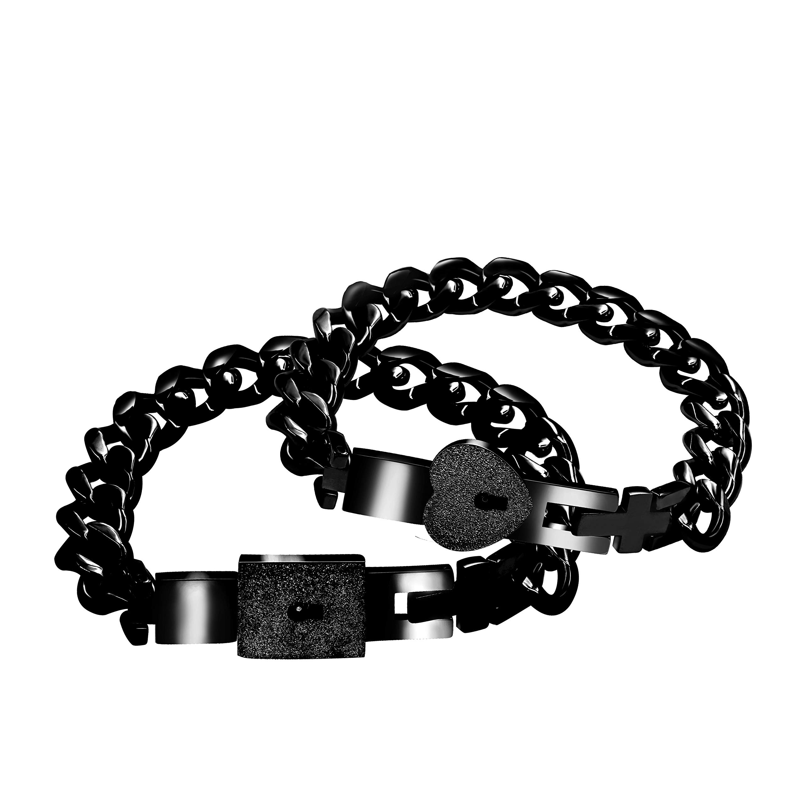 Uloveido 2pcs Black Couples Square and Heart Lock Bracelet Bangles, His and Hers Lock and Key Matching Bracelets Set for Him and Her Y853(Black)