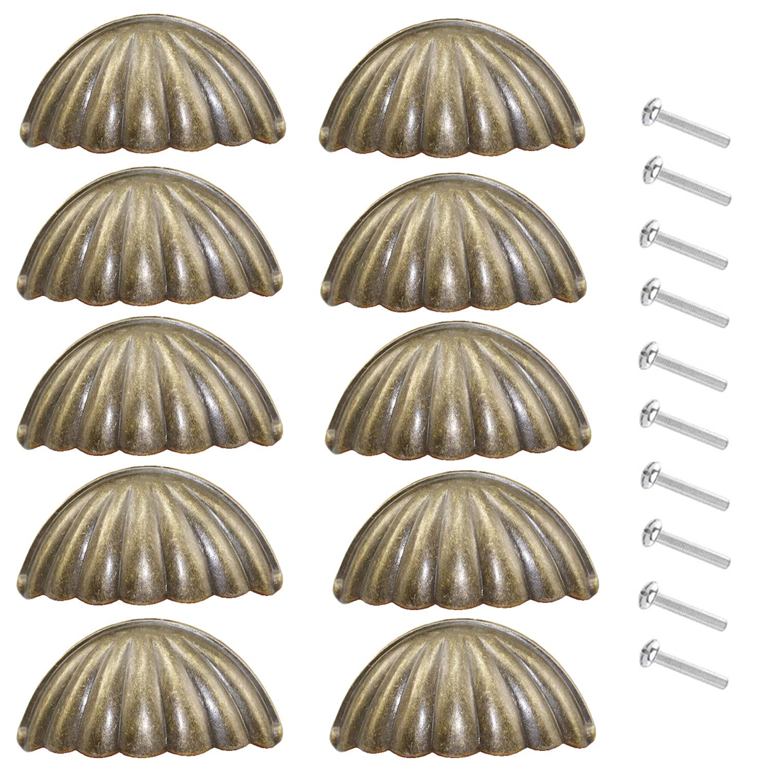 KanDery 10PCS Vintage Shell Cabinet Knobs, Retro Drawer Handles, Chic Carved Cupboard Half Moon Shape, Semicircle Furniture Door Handles, Green Bronze
