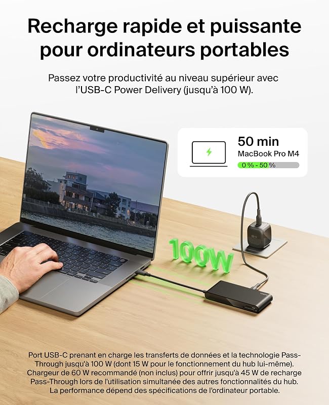 Connect Hub USB C 8-en-1, Prise en Charge De La Résolution 4K à 60 Hz, Fonctionne avec Mac, Windows, Chromebook, PD de 100 W, Transfert De Données De 10 Gbit/s, Ethernet De 2,5 Gbit/s - Noir