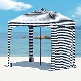 Qipi Beach Cabanas for Sand, Beach Canopy with Sandbags &amp; Side Wall for Family, Easy Set Up Sun Shelter, UPF 50+ UV Protection with Roof Vent 6' x 6' A-Sailor Stripes