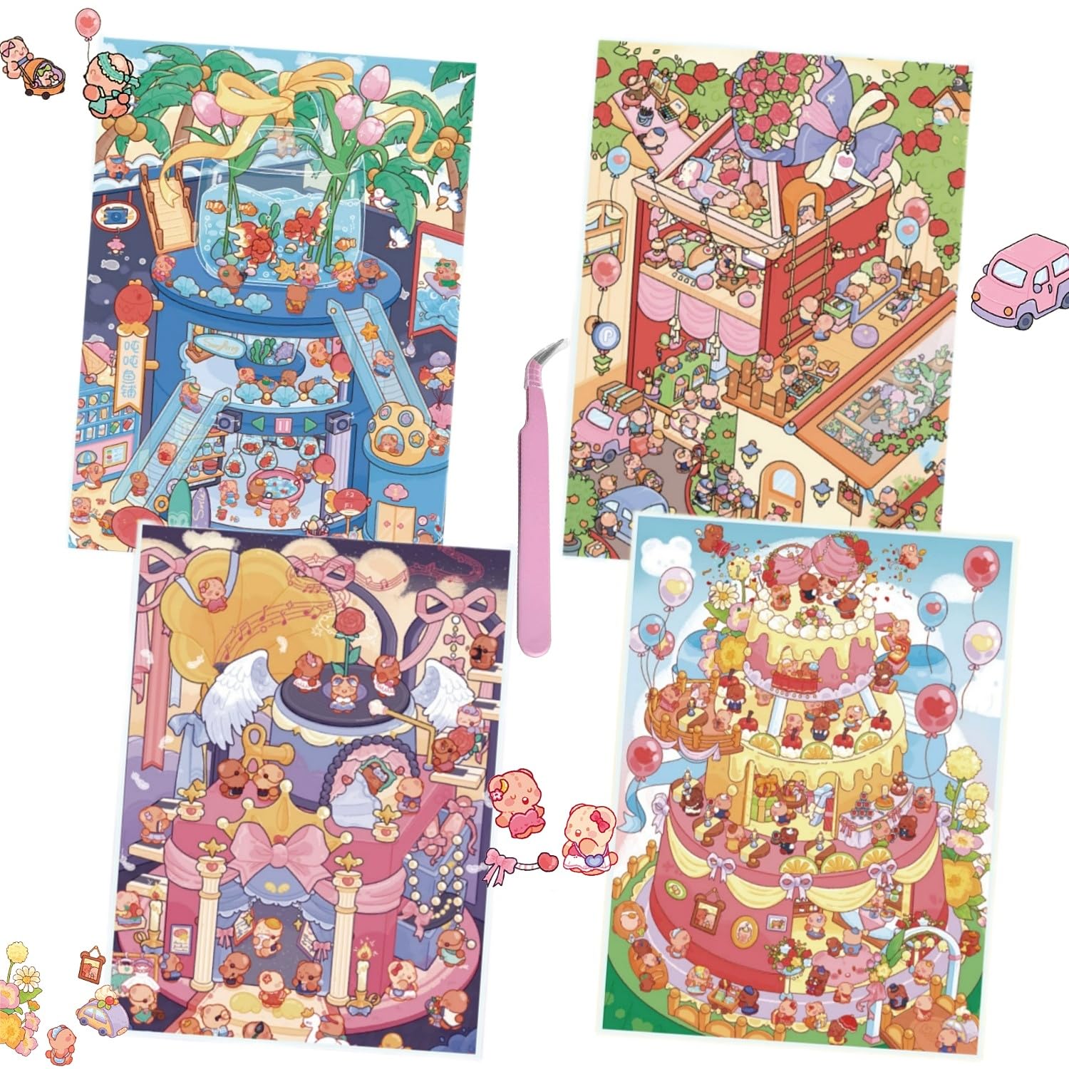 4 Sets Large Size DIY Sticker Scenes,3D DIY House Stickers Make Your Own Fun Cartoon Warm Shop Happiness Experience Hall Swan Ballet for Adult Kids Relief Stress Pass The Time — image 1