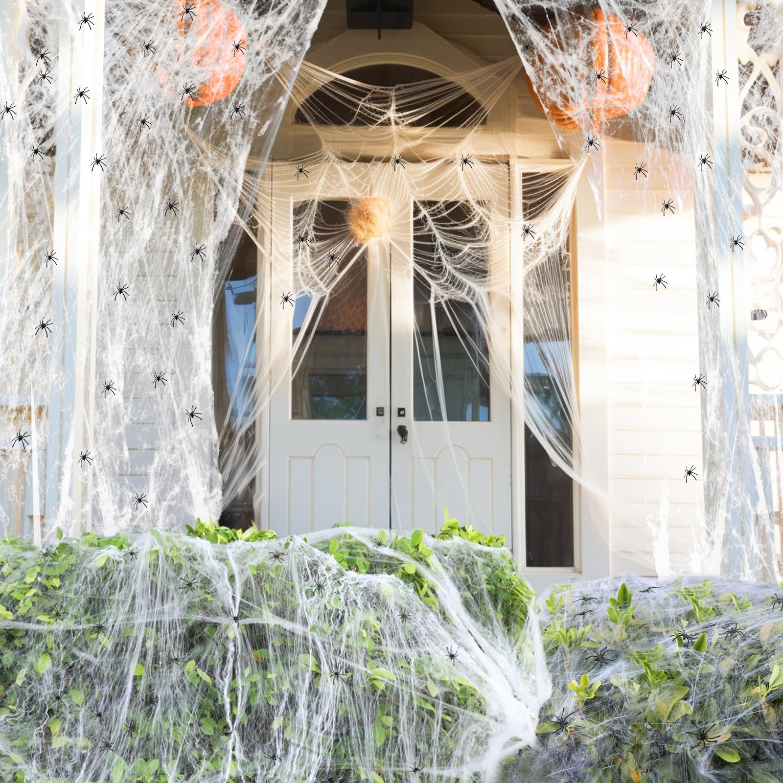 Photo 1 of *2 Pack* Mcupper 1400 sqft Spider Web Halloween Decoration, Soft Halloween Spider Webs Decoration with 150 Fake Spiders, Super Stretchy Cobweb for Indoor and Outdoor Decor, White