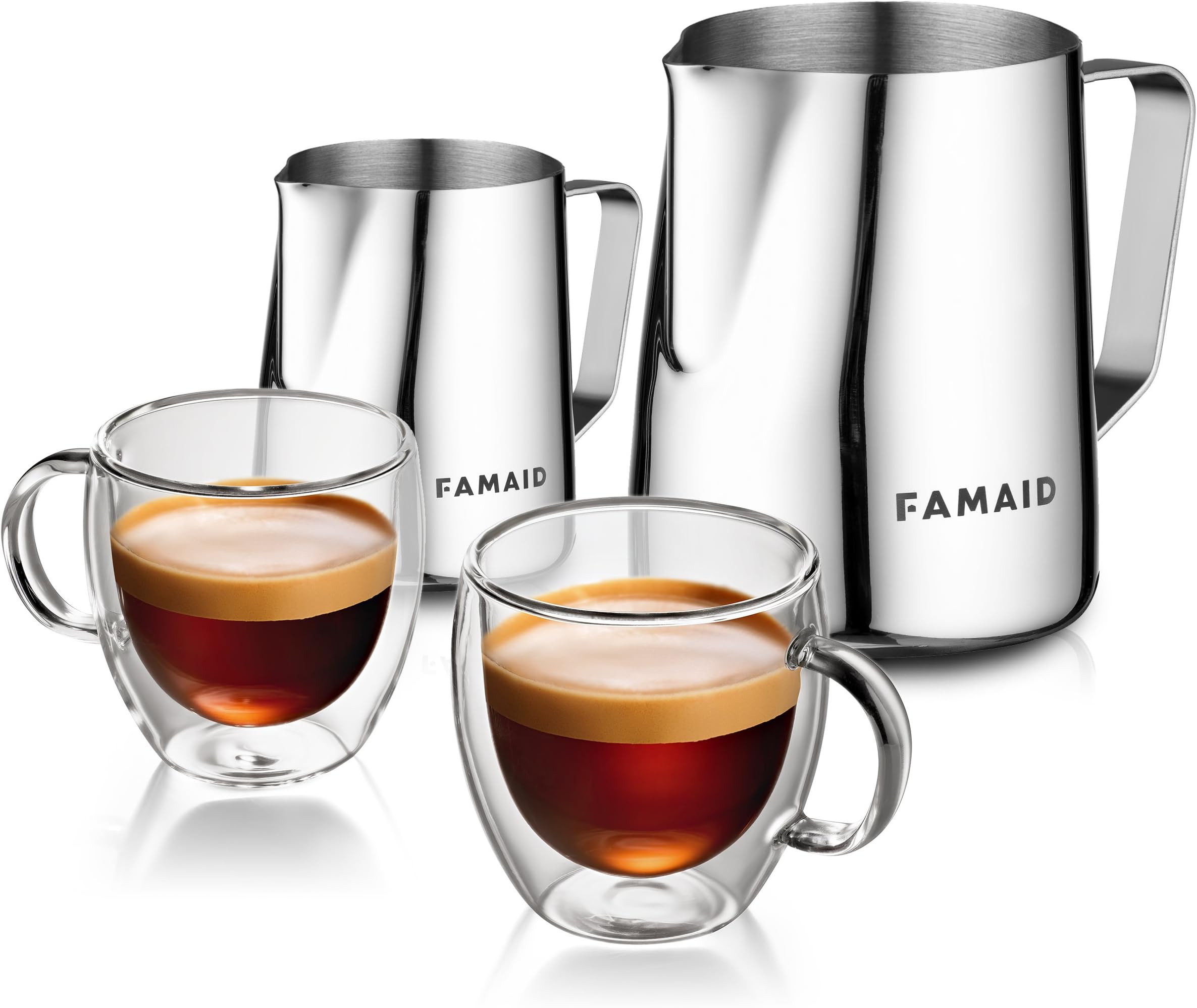 Frothing Pitchers And Espresso Cups Set: 12oz and 20oz Stainless Steel Frothers For Milk Steaming, 2 5.4oz Handmade Doubled Walled Glass Coffee Mugs Insulated For Cappuccino And Latte