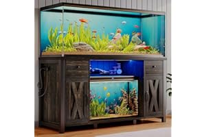4EVER2BUY 75 Gallon Fish Tank Stand with LED Light & Power Outlets, 55-75 Gallon Heavy Duty Metal Aquarium Stand with Drawers & Barn Doors, Cabinet for 2 Fish Tank Accessories Storage, Dark Oak