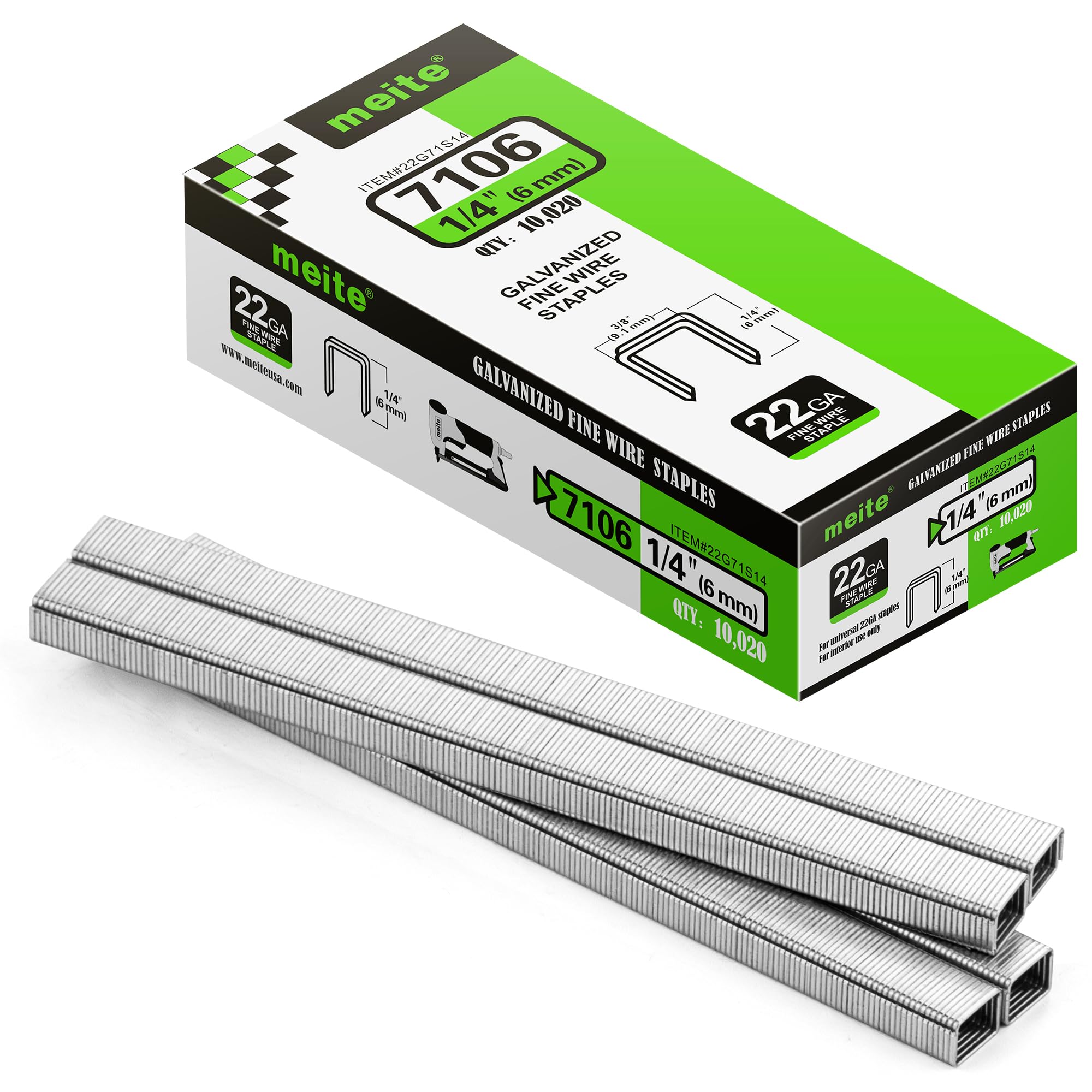 meite Type 71/6 mm Staples, Galvanised Type 71 Upholstery Staples for Staple Gun, 22 Gauge, 9.1 mm Crown, Ideal for Carpet, Work Box, Cable, Shed, Fence (10,000 Counts)
