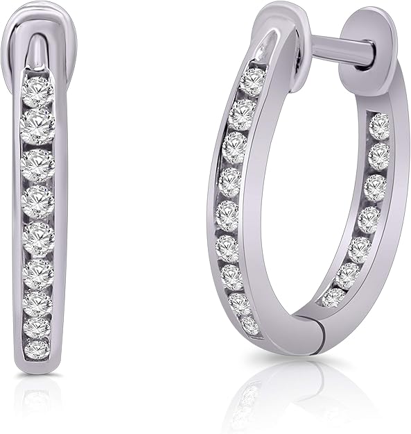 14K Solid Gold Genuine Diamond InsideOutside Hoop Earrings