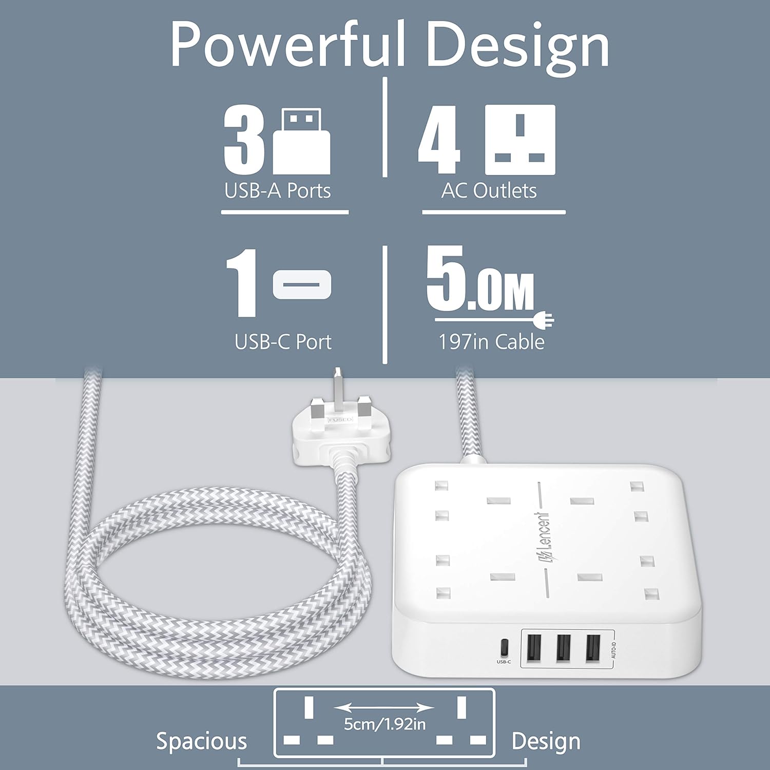 LENCENT 5M Extension Lead with USB C Port (3250W 13A), 4 Way Outlets Power Strip with 1 USB-C and 3 USB Slots - Image 3