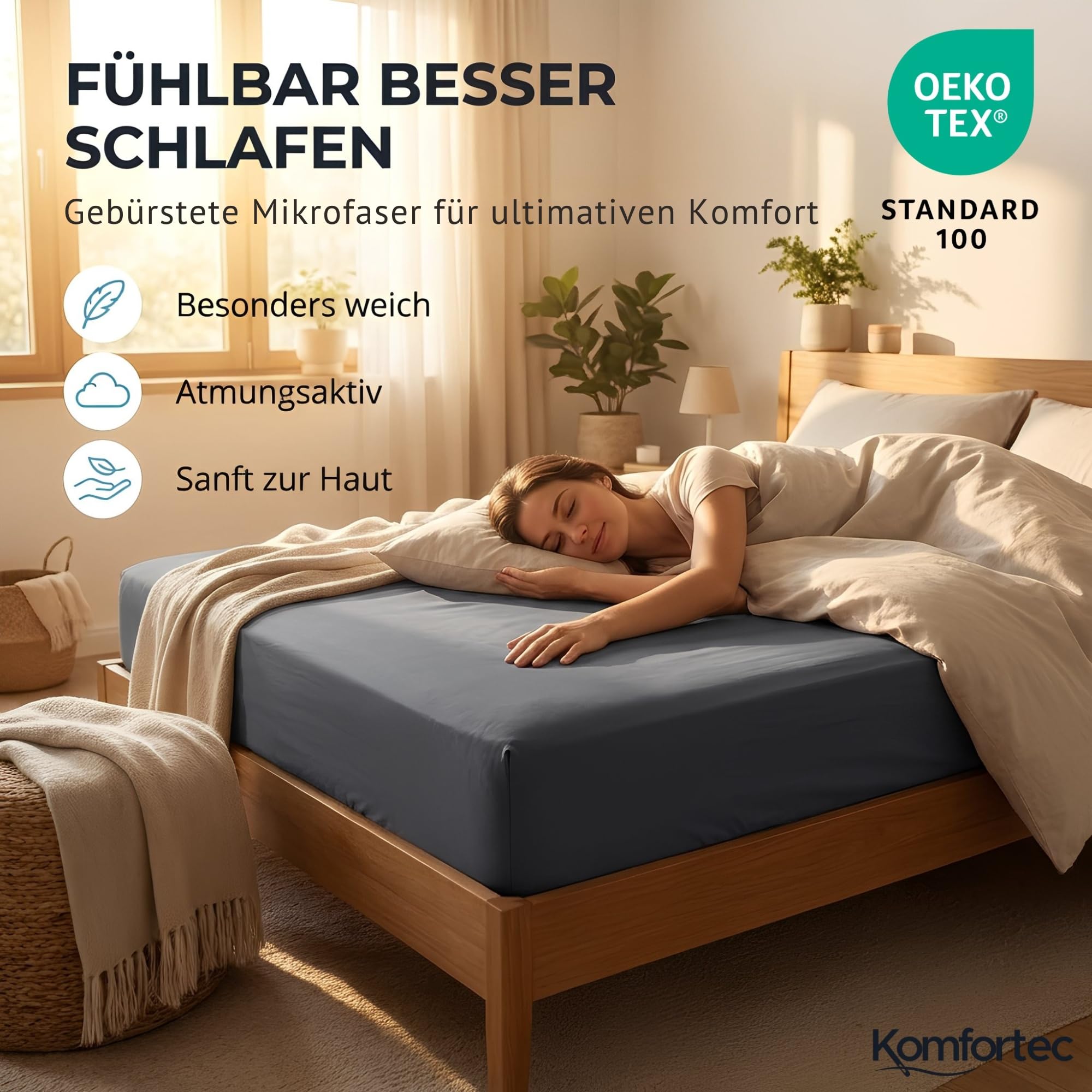 Komfortec Mikrofaser Spannbettlaken 140x200 cm – Weiches Spannbetttuch mit Rundumgummi – Fitted Sheet für Matratzen bis 30 cm – Anthrazit – Oeko-Tex – Pflegeleicht & Hautfreundlich – 90g/m² 4