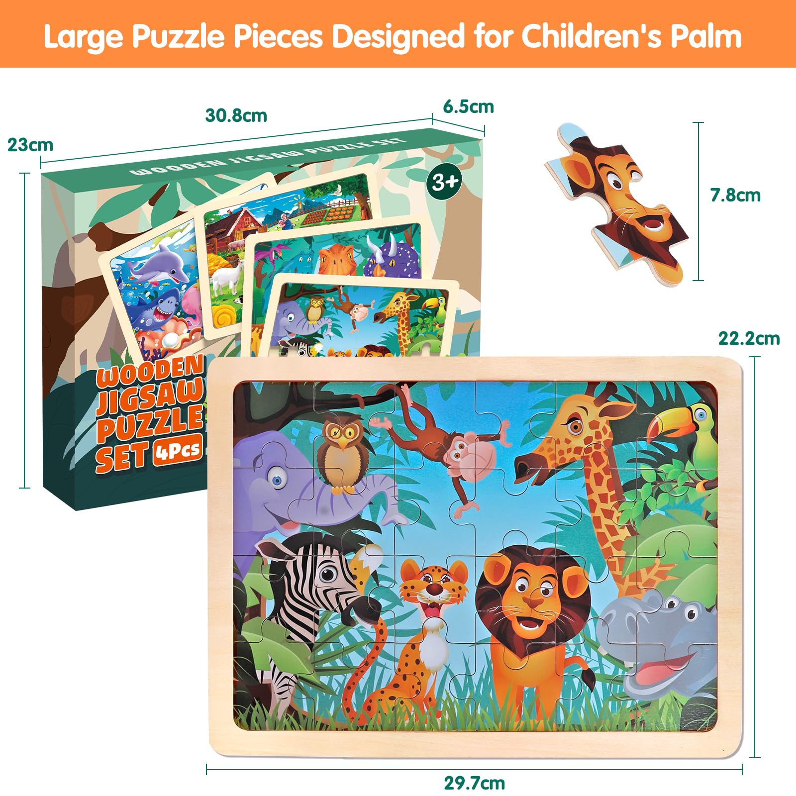 Holzpuzzle ab 3 Jahren, 4x24 Teile Tiere & Dinosaurier 6