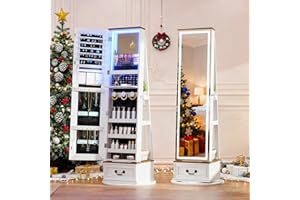 LVSOMT LED Mirror Jewelry Cabinet Standing, 360°Swivel Jewelry Armoire with Full Length Mirror, Mirror with Jewelry Storage and Large Wooden Drawer for Christmas Gifts (Farmhouse White)