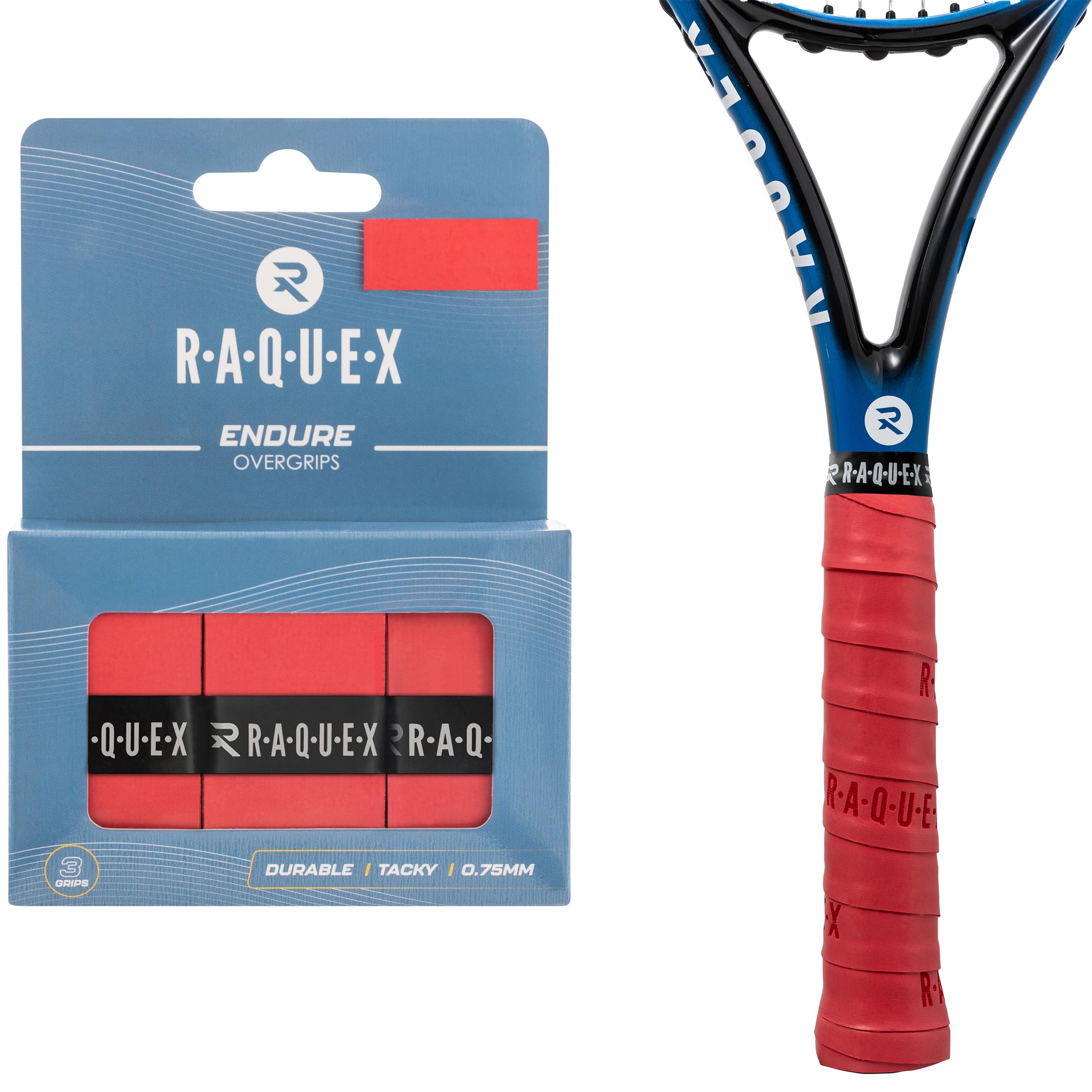 Raquex Endure Racket Overgrip Tape – 3 Pack Racquet Overgrip Tape, Durable, Dry Feel, 0.75mm Thickness - Anti Slip Over Grip for Tennis Racket, Badminton, Squash, Padel (Red)