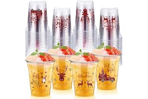 FoldTier 50 Pcs Merry Christmas Buffalo Plaid Plastic Cups - 12 oz Clear Disposable Drinking Cups for Home Xmas Theme Party Favors & Kitchen Supplies