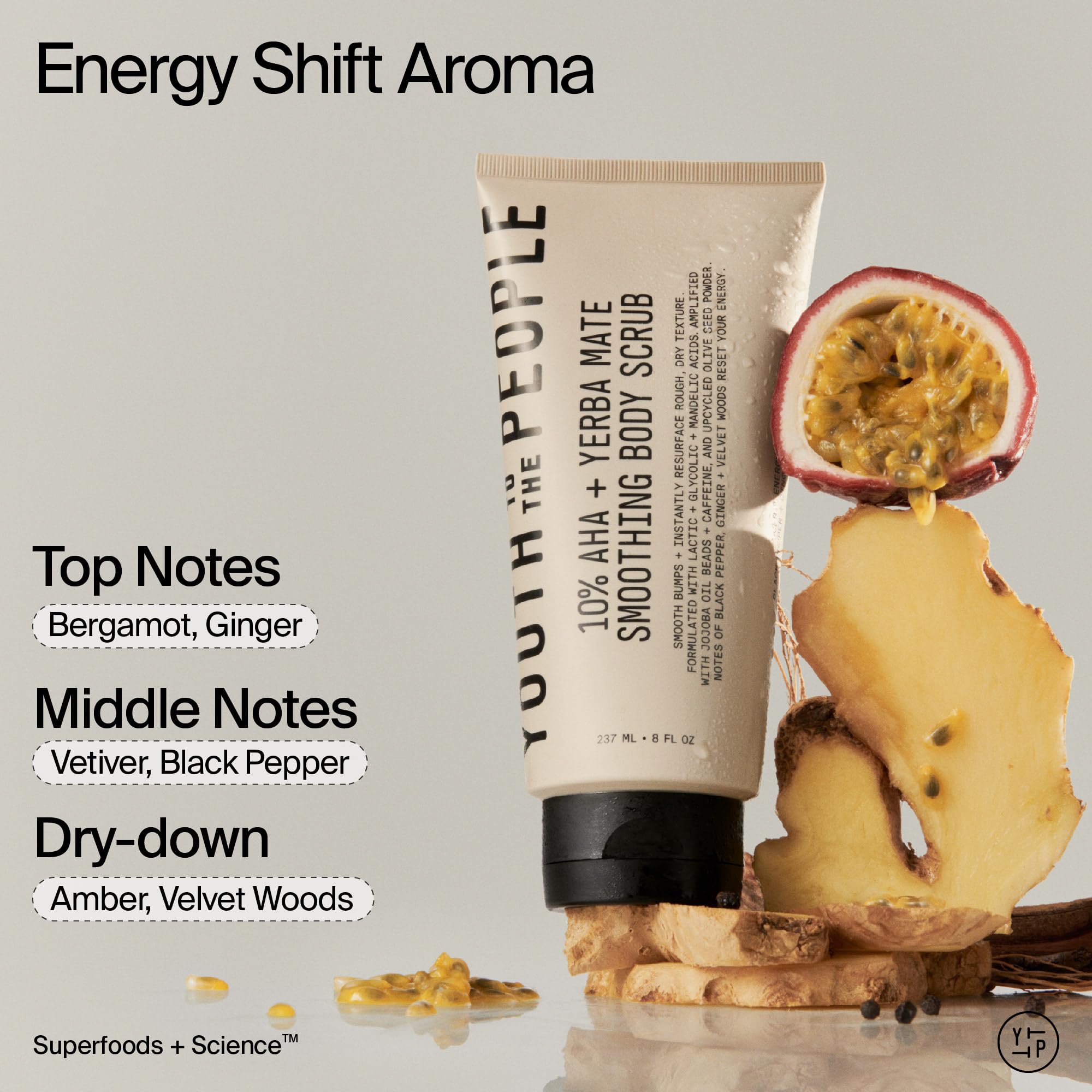 Youth To The People 10% AHA + Yerba Mate Smoothing Energy Body Scrub (8 fl oz), Exfoliates Rough Texture + Dry Skin, Suitable for Sensitive + Keratosis Pilaris Skin, Vegan