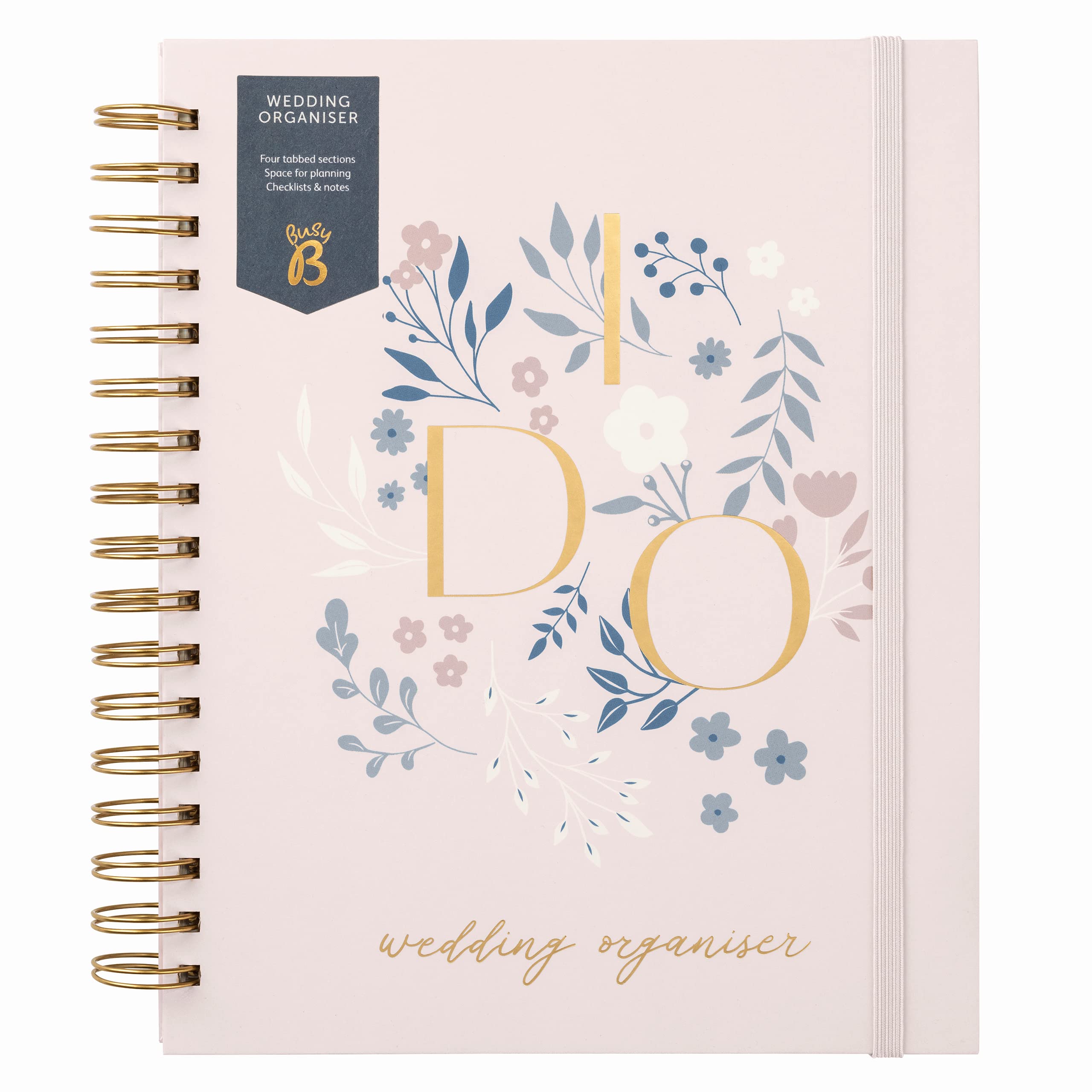 Busy B Wedding Organiser - Beautiful pink and gold spiral-bound wedding organiser with four tabbed sections, checklists, notes and storage pockets