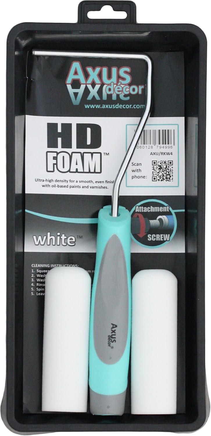 Axus Decor Hd Foam 5Pc Roller Kit (White Series) Paint Roller Sleeves (2 Pcs), with Paint Roller Tray & Frame, Roller Sleeves