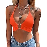 Mizoci Women's Sexy Summer Sleeveless Halter Deep V Neck Crop Top Tie Up Backless Cami