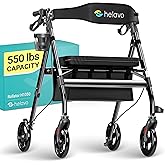 Helavo Bariatric Walker with Large, Height-Adjustable Seat, 550 lbs Weight Capacity, All Terrain 8-inch Wheels, 28-inch Wide - Extra Wide Heavy Duty Rollator for Seniors