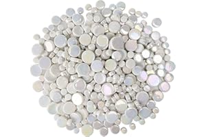 Samjobroad Small Round Iridescent White Mosaic Tiles for Crafts, 300g/150 Pieces Iridescent Glass Penny Round Tiles for Flowerpots, Handmade Home Decor, White