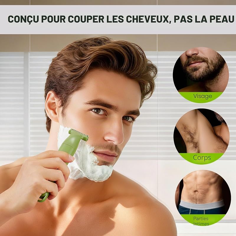 Tondeuse de précision 3-en-1 pour homme, kit de soins pour barbe et cheveux, tondeuse corps, tondeuse nez et oreilles, rasoir sans fil rechargeable avec chargement USB (Vert)
