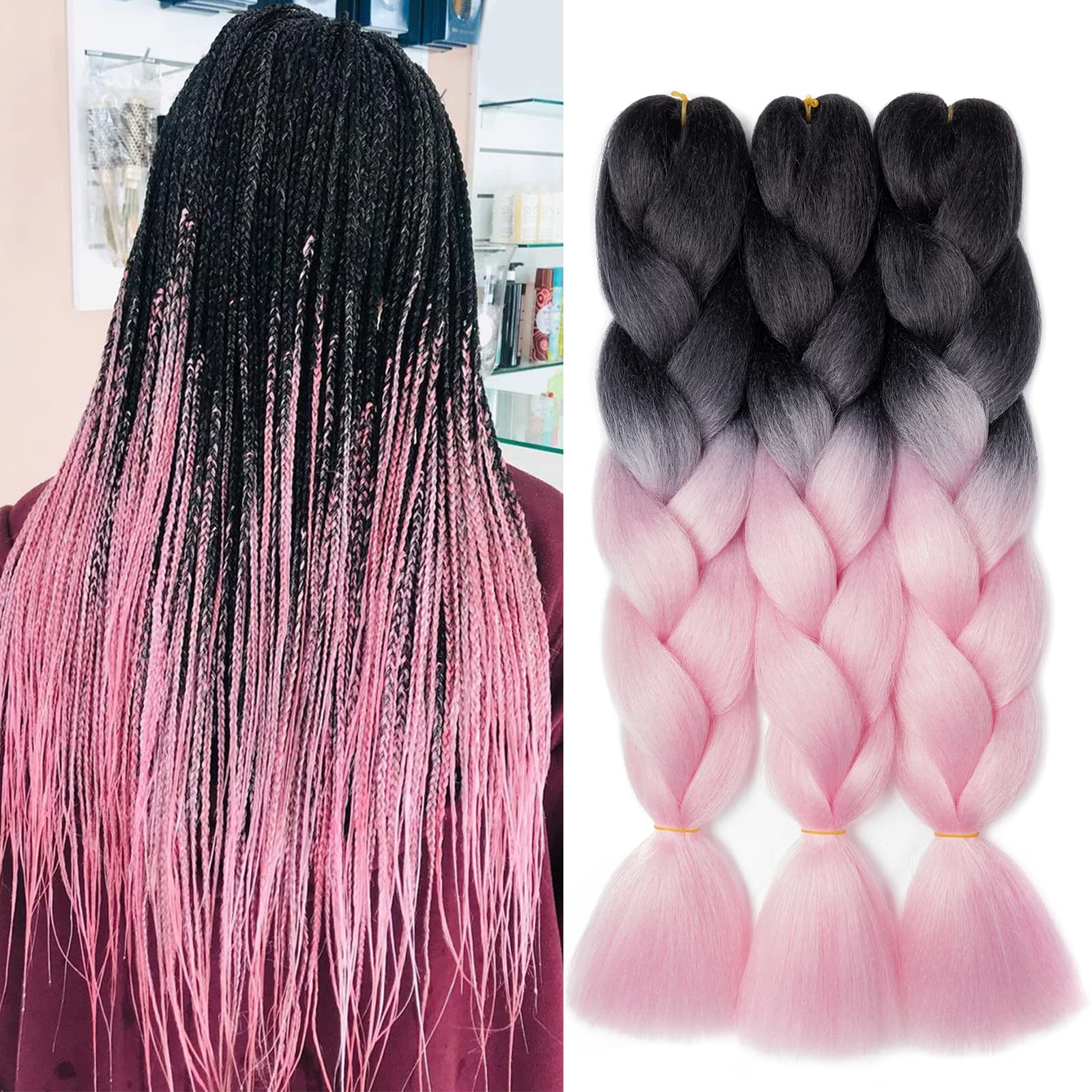 Gairyan Braiding Hair Extensions Ombre Jumbo Braids Synthetic Hair 3 Packs 24 inches 300g Coloured Hair for Braiding Extensions Box Braids Crochet Twist (Black-Pink)