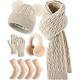 Geyoga 6 Pcs Winter Warm Fleece Knit Hat Long Scarf Touchscreen Gloves Ear Muffs Socks Sets, Winter Warm Gifts for Women