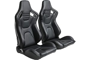 ELOUNTIK 2 Pcs Adjustable Universal Racing Seats with Double Sliders, PU Leather Upholstered Reclinable Bucket Seats, 1 Pair of Sport Seats for Vehicles (Black with Black Stitching, 21.6''x21.6''x36.6'')