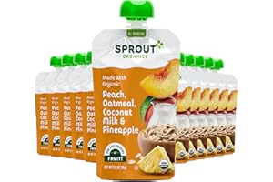 Sprout Organic Baby Food, Stage 2 Pouches, Peach Oatmeal with Coconut Milk and Pineapple, 3.5 Oz Purees (Pack of 12)