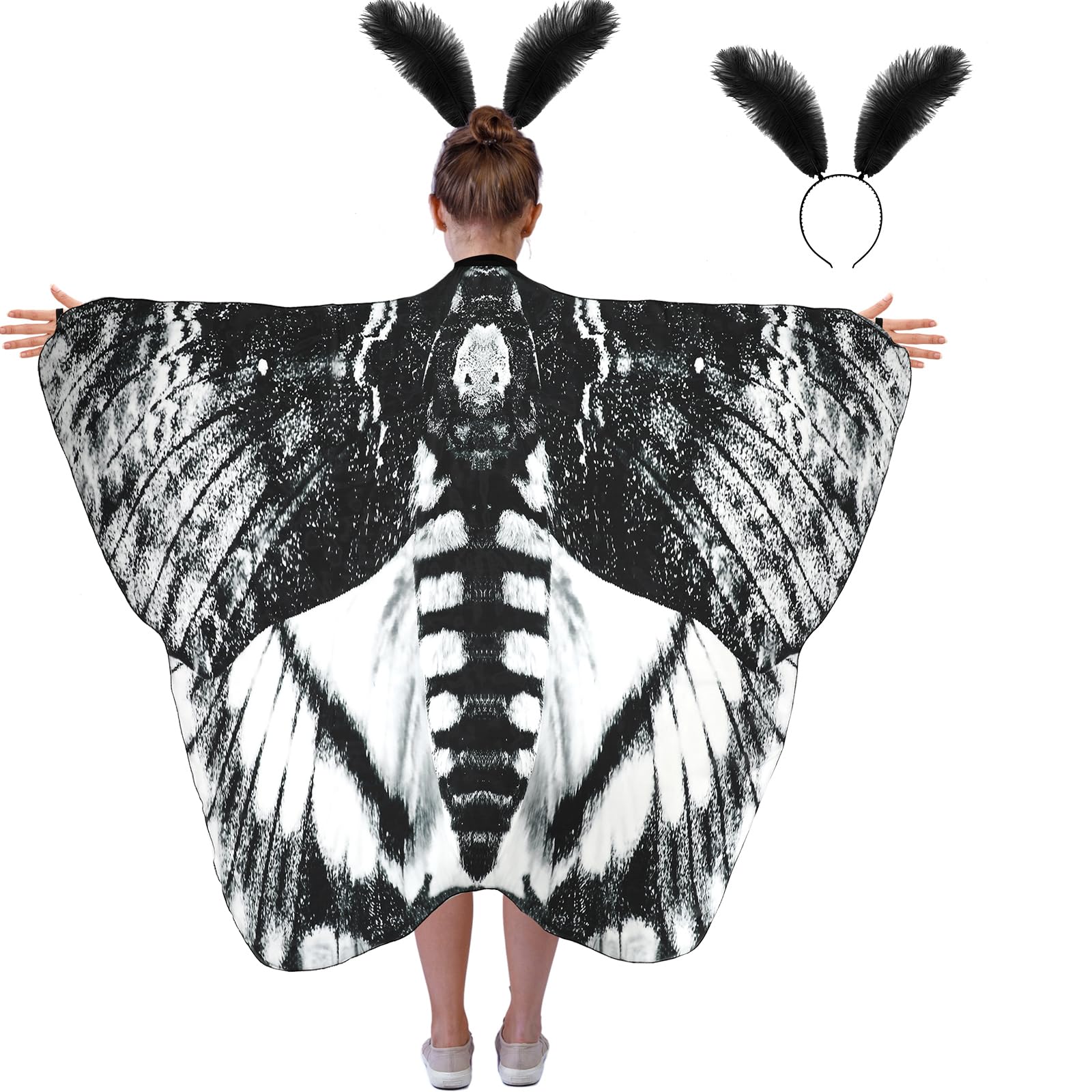 Photo 1 of Xtinmee Kid Moth Butterfly Wing Cape Costume Moth Shawl Wing Headband Feather Girl Dress up for Halloween Party(Black)