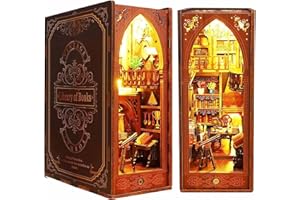 Funle Book Nook Kit for Adult, DIY Miniature Dollhouse Booknook Kit with LED Lights, 3D Wooden Puzzle Bookend for House Home Library Decor
