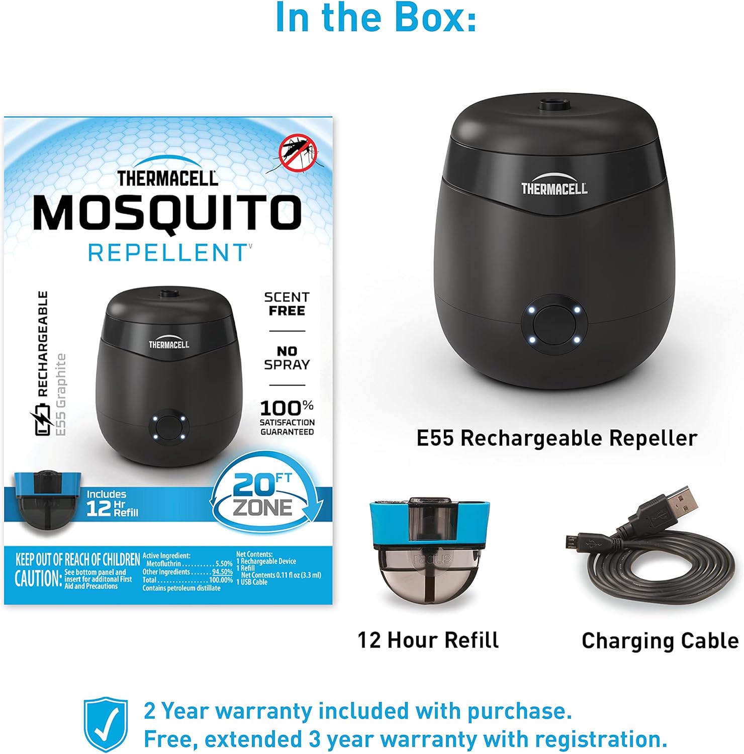 Thermacell E55 Rechargeable Mosquito Repeller; Highly Effective Rechargeable Mosquito Repellent, Black : Sports & Outdoors