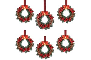 Zeyune 6 Pcs Small Christmas Wreaths for Kitchen Cabinets with Plaid Bow Ribbon Hanging Mini Christmas Cabinet Door Wreaths Decor for Kitchen Window Outdoor Indoor Holiday, 14.96 x 7.87''