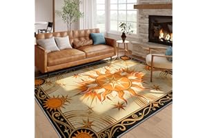 Gothic Sun Area Rug 5x7ft, Boho Vintage Border Witchy Burnt Orange Sun Stars Design Camber Striped Rugs, Non Slip Low Pile Me