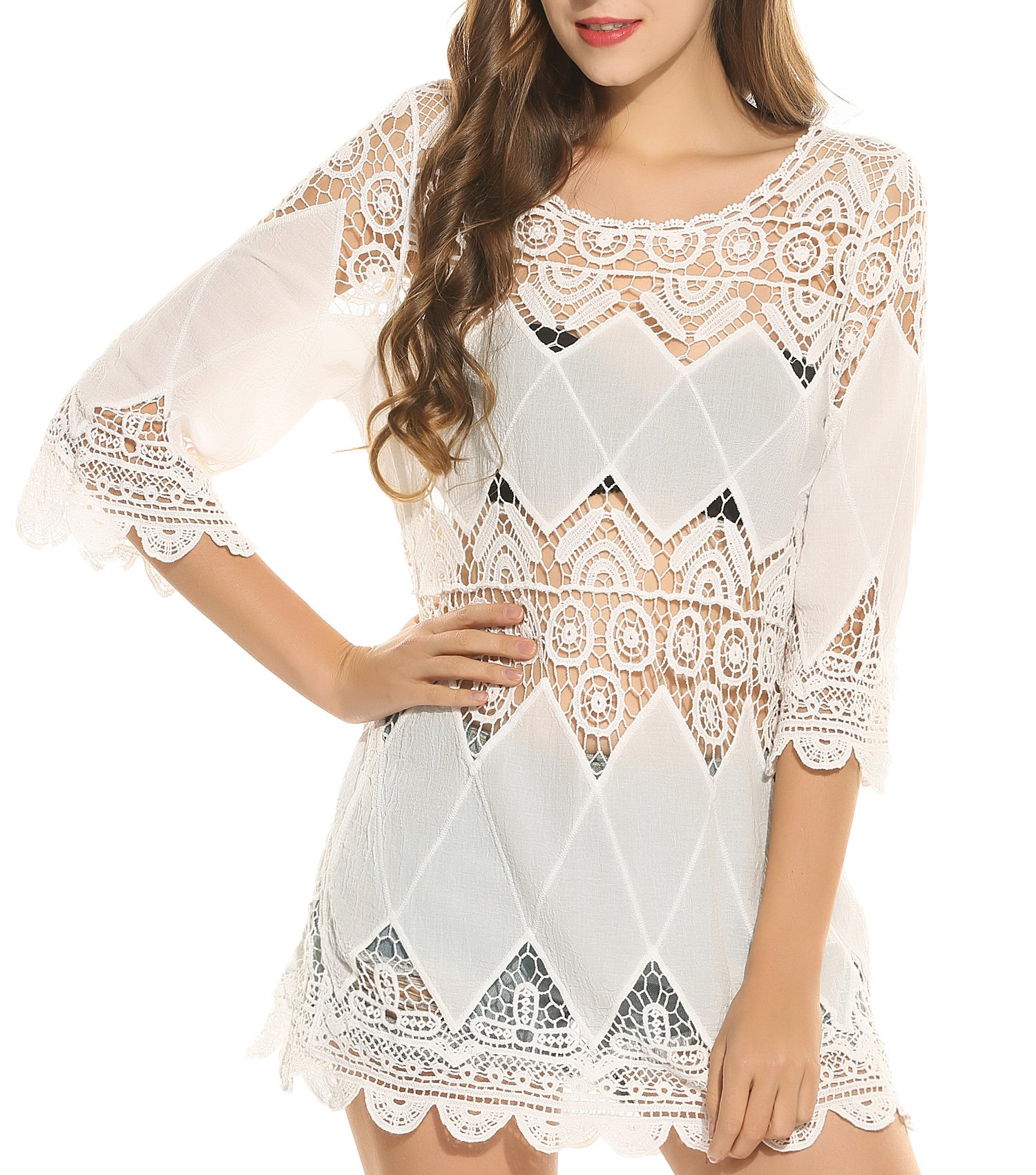Ekouaer Cover Ups Women's Beach Dress Crochet Tunic Cover Up