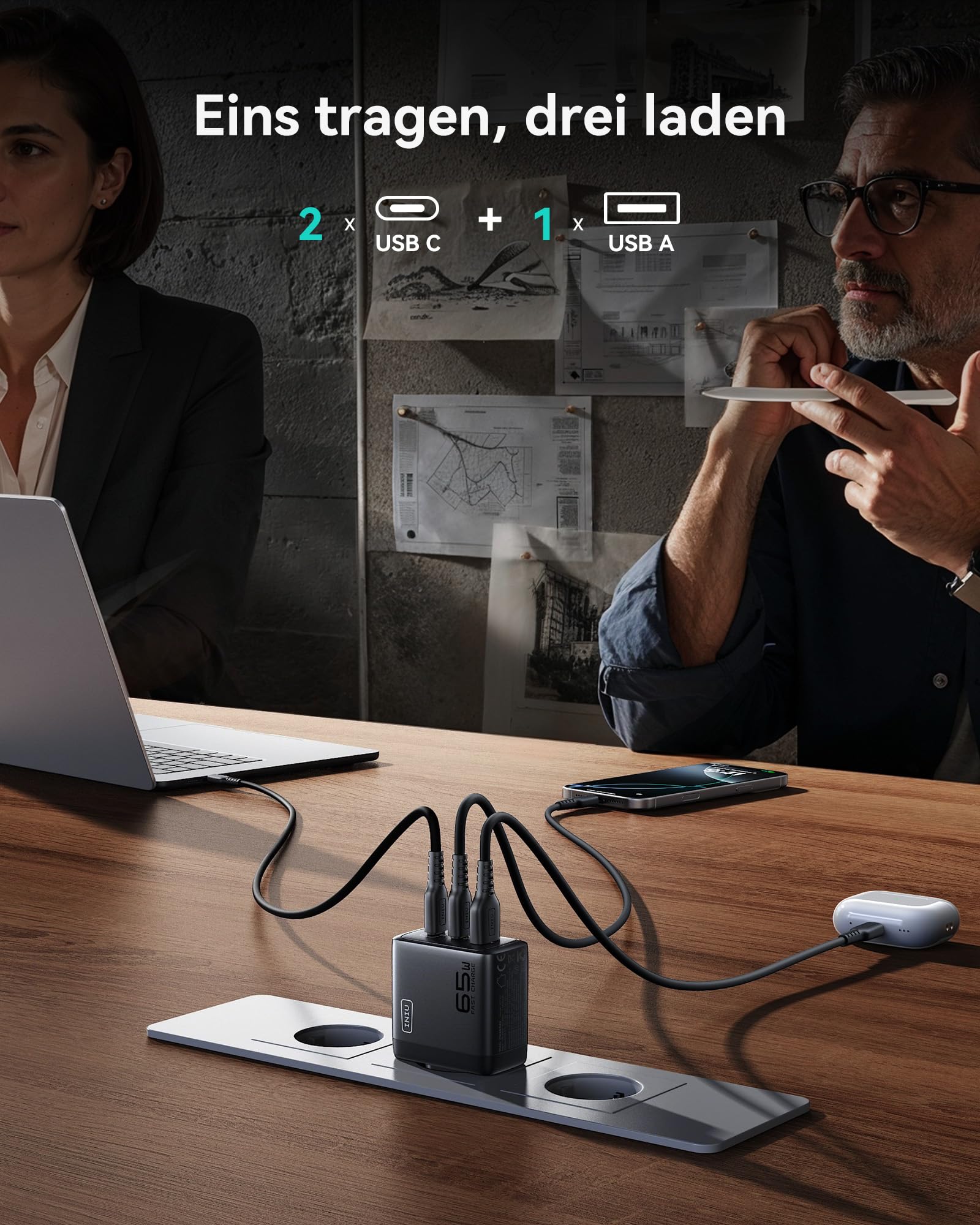 INIU USB C Ladegerät, 65W 3-Port Laptop Schnellladegerät mit 1.5m Kabel 3