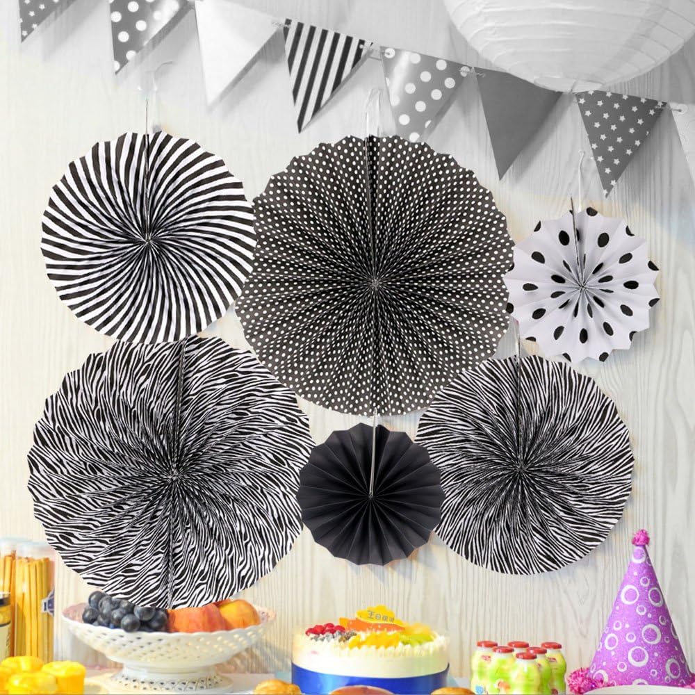 Time to Sparkle 6pcs Mix Hanging Paper Flowers Party Fan Tissue Paper Fan Festival Party Wedding Home Birthday Decor, 6X Fan-Black