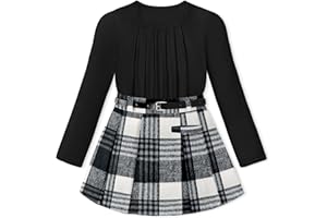 KANGKANG Girls Clothes Square Neck Long-sleeved Top + Plaid Skirt with Lining Pants + Belt 2 Piece Set Girls Fall Winter Outfits