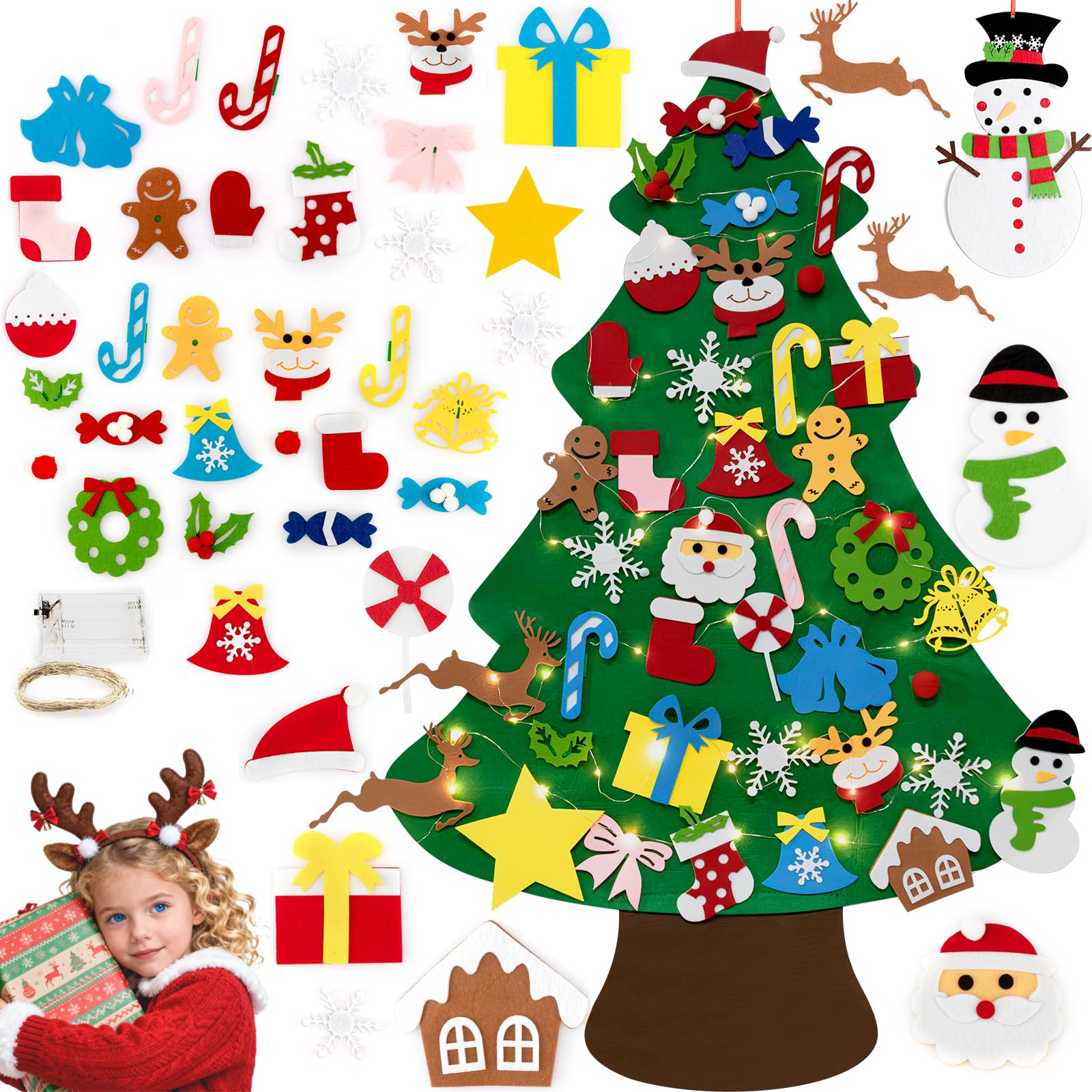 TonJin Felt Christmas Tree Set for Toddlers Kids with 5m/16.4ft Led String Light, 3.2ft/98cm Wall Hanging DIY Christmas Tree with 40 Detachable Ornaments for Xmas Home Decoration