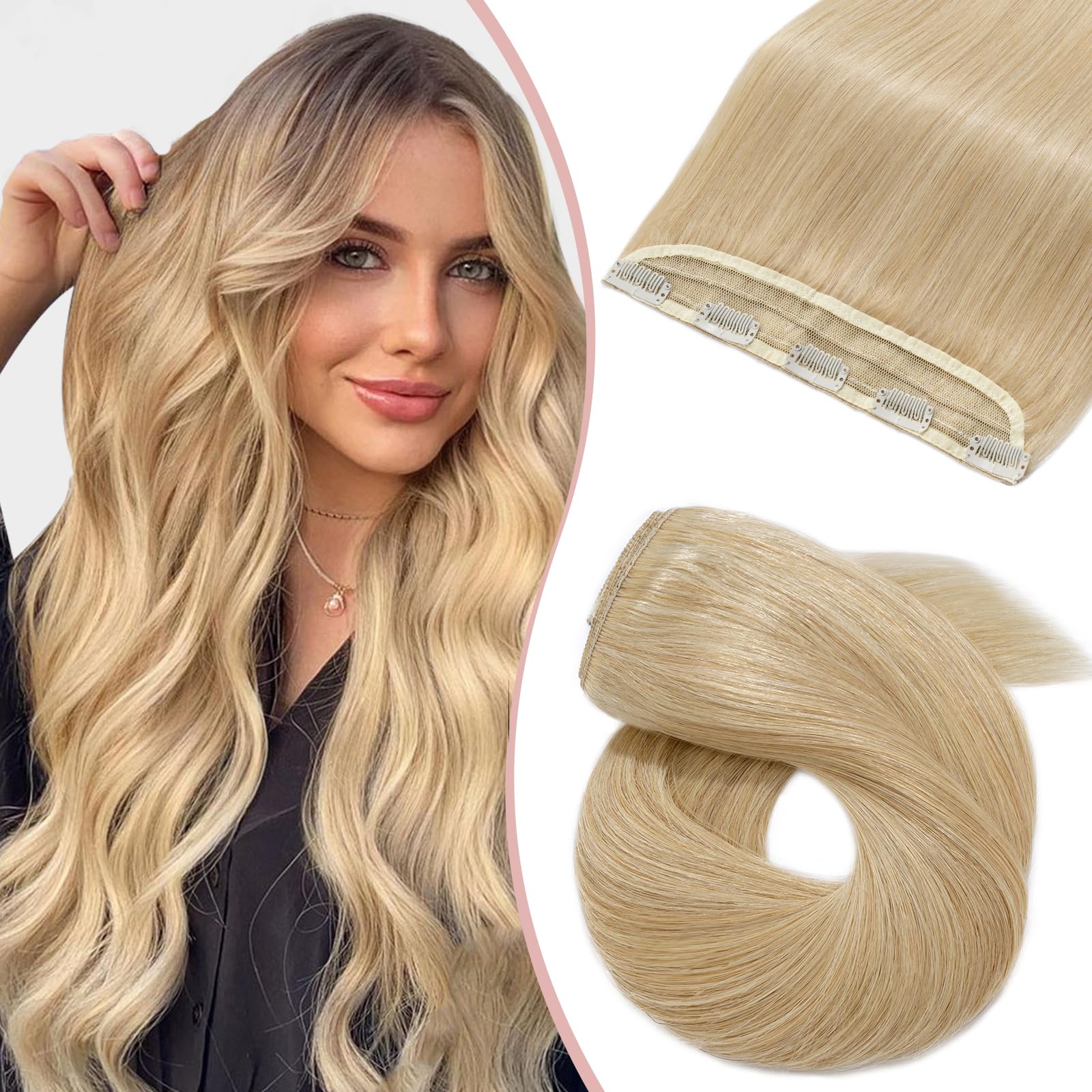 Silk-co 22"-55g One Piece Clip on Hair Extensions Seamless Clip in Hair Extensions #24 Natural Blonde Real Remy Human Hair Extension 3/4 Half Head Natural Straight