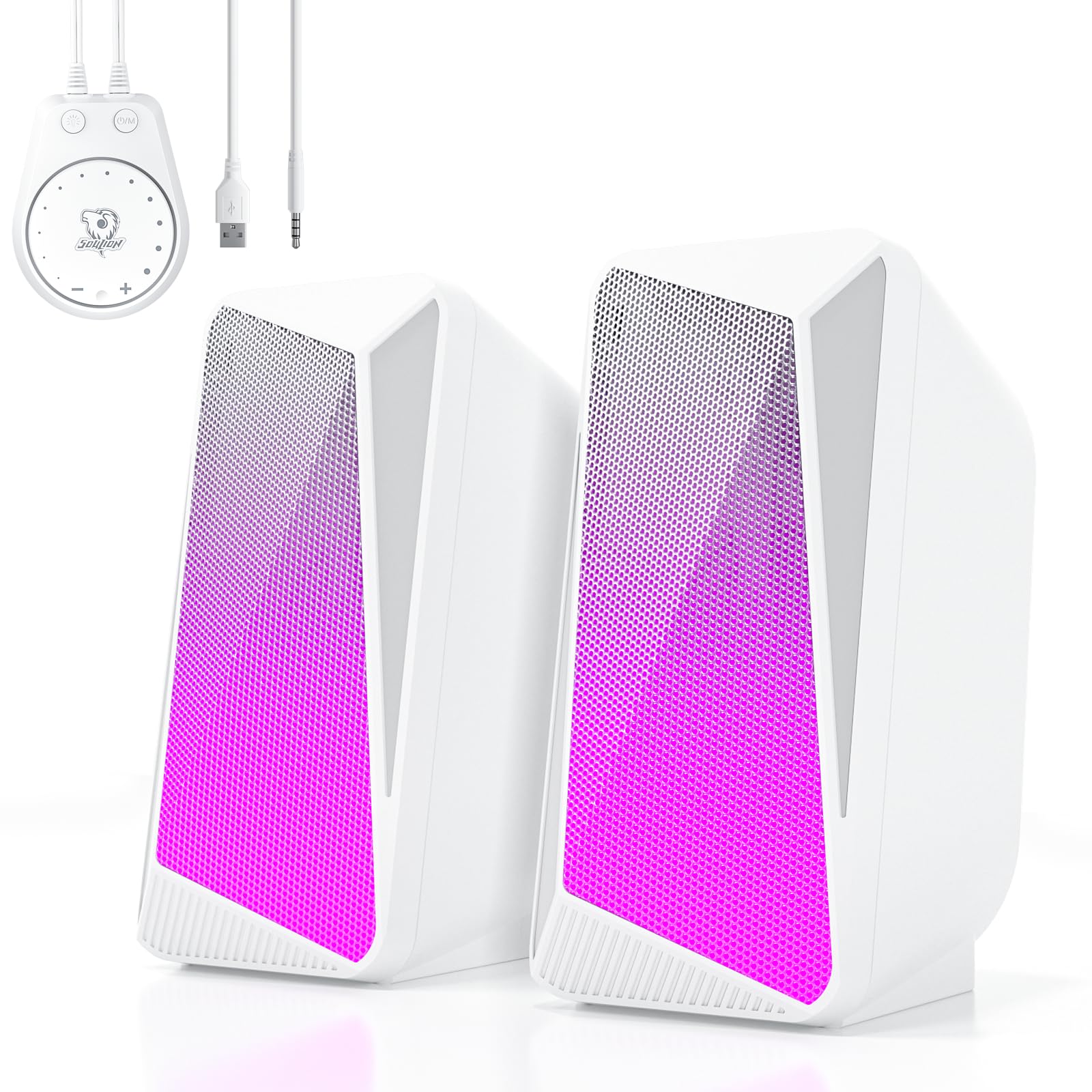 Photo 1 of SOULION C30 Bluetooth Computer Speakers, 2.0 PC Speakers USB Powered & 3.5mm Aux Speaker with Easy-Control Pod, Pulsing & LED Flame Lights, Desktop Speaker for Monitor Laptop - White