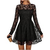 winkbay Women's Lace Sheer Long Sleeve Dress Elegant Crew Neck A Line Mini Evening Party Cocktail Dresses