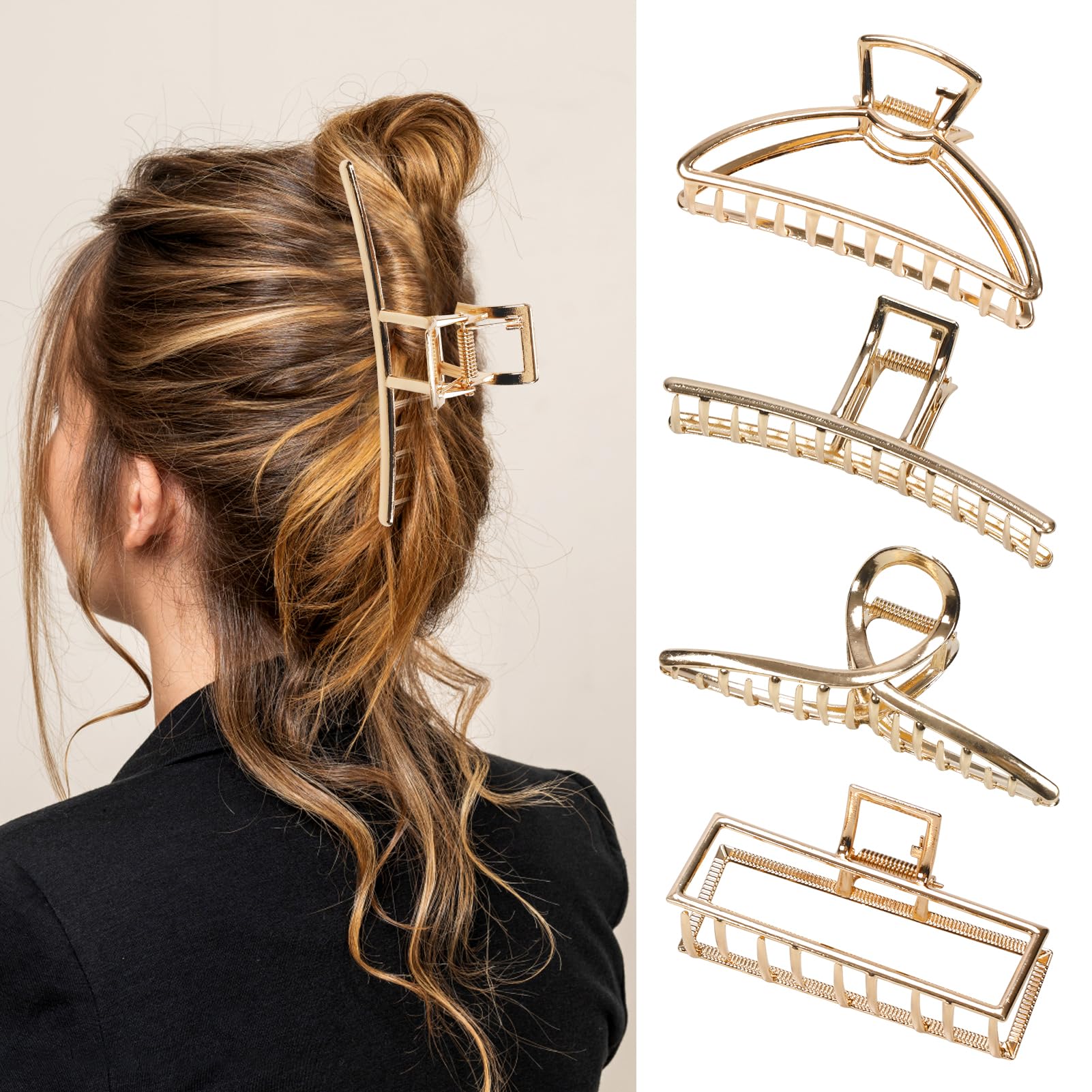4 Pcs Metal Large Hair Claw Clips,Non Slip Hair Catch Barrette Jaw Clamp for Women, Big Gold Hair Clips, Fashion Hair Styling Accessories for Thinner, Thick Hair Styling,Strong Hold Hair(Large)
