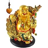 Betterdecor 5.5" Feng Shui Golden Laughing Happy Buddha Statue Holding Ingot Home Office Decor